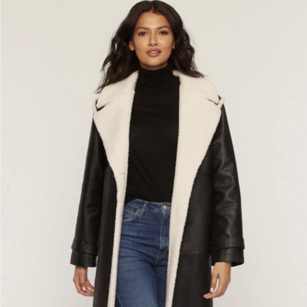 Black Faux Leather Shearling Trim Coat - NWT!